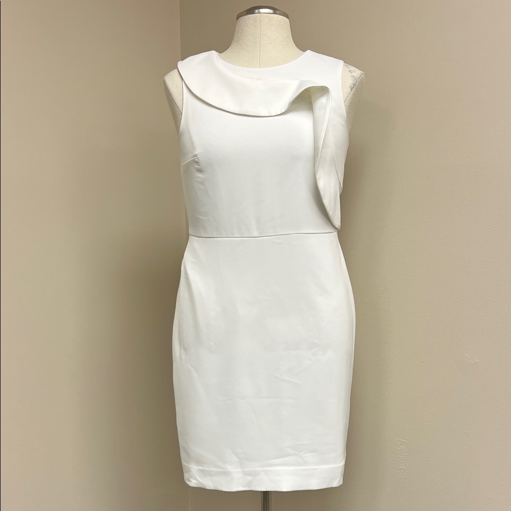 Nation LTD white draped collar and ruffle fitted sleeveless dress minimalist 8
